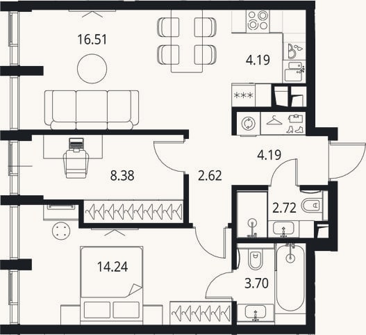 Планировка: 3-к, 56,6 м²