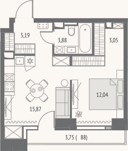 Планировка: 2-к, 38,2 м²