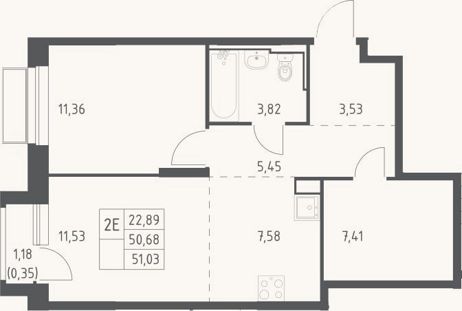 Планировка: 2-к, 50,7 м²