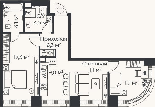 Планировка: 3-к, 63,4 м²