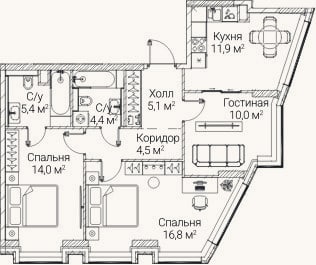 Планировка: 3-к, 72,1 м²