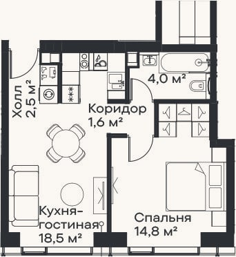 Планировка: 2-к, 41,4 м²