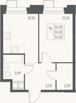 Планировка: 1-к, 34 м²