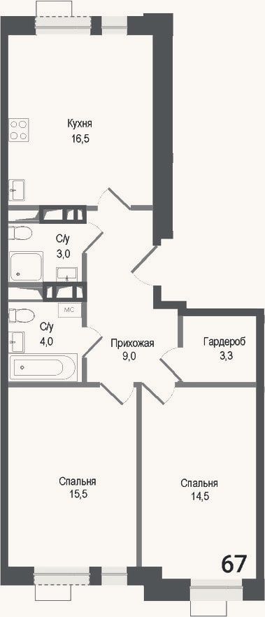 Планировка: 3-к, 65,8 м²