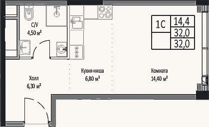 Планировка: Студия, 32 м²