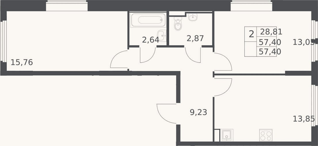 Планировка: 2-к, 57,4 м²