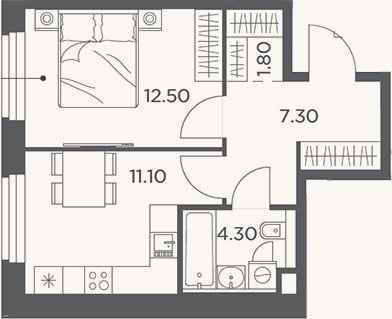 Планировка: 1-к, 37 м²