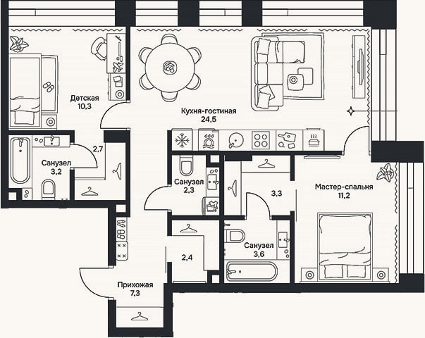 Планировка: 3-к, 70,8 м²