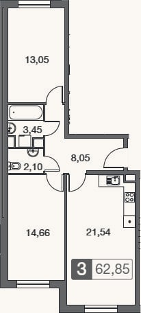 Планировка: 3-к, 62,7 м²