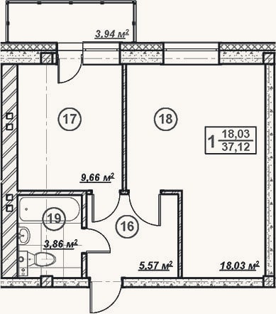 Планировка: 1-к, 37 м²