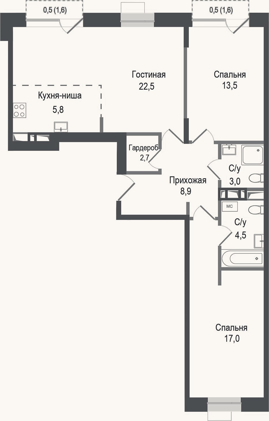 Планировка: 3-к, 77 м²