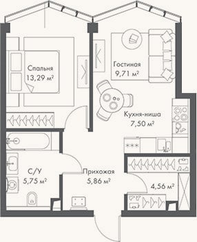 Планировка: 2-к, 46,7 м²