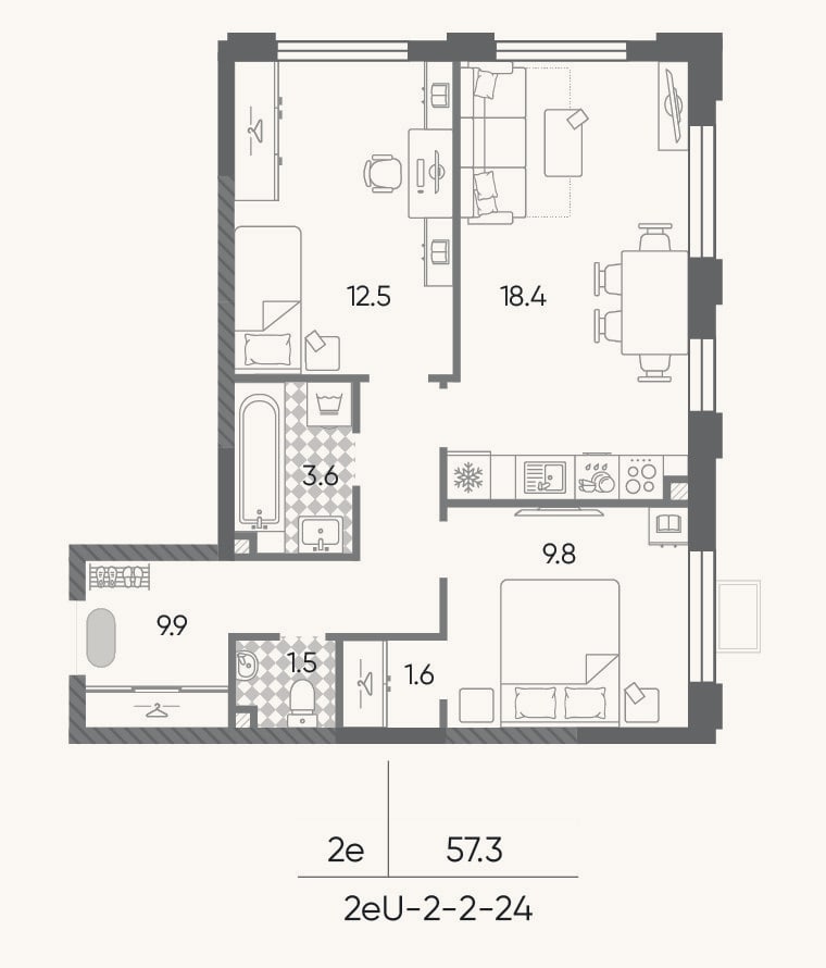 Планировка: 3-к, 57,3 м²