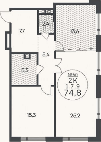 Планировка: 2-к, 74,9 м²
