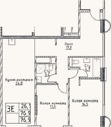Планировка: 3-к, 76,9 м²
