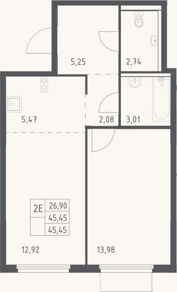Планировка: 2-к, 45,5 м²