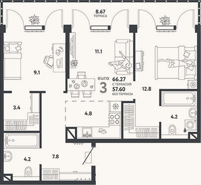 Планировка: 3-к, 57,6 м²