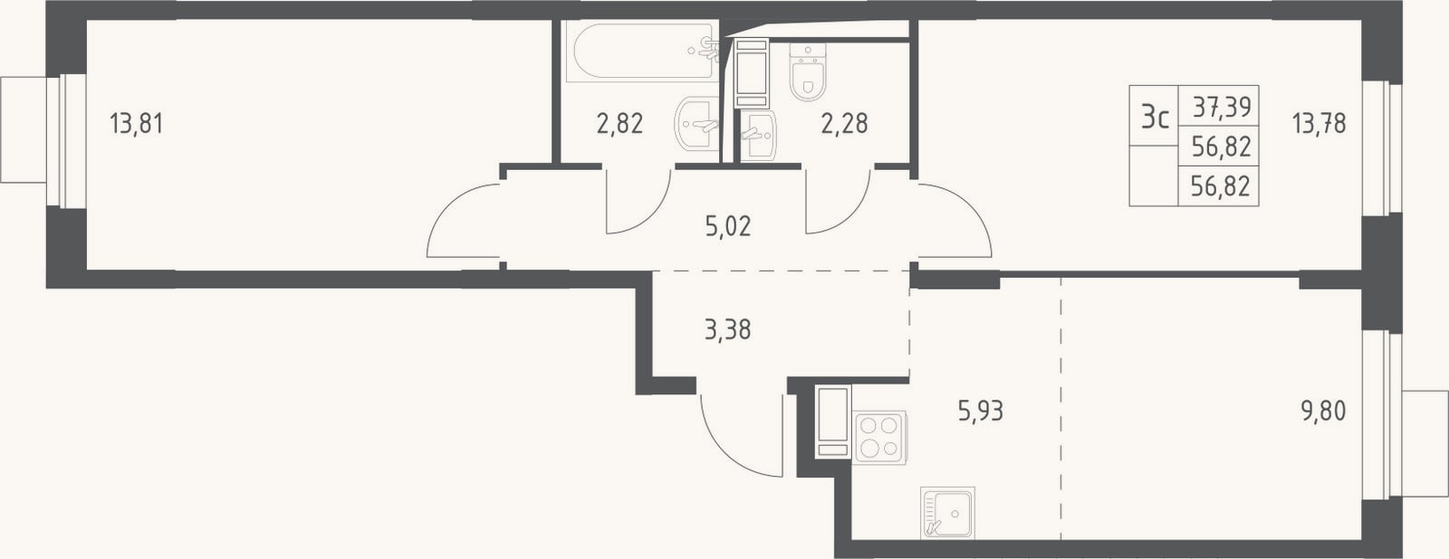 Планировка: 3-к, 56,8 м²