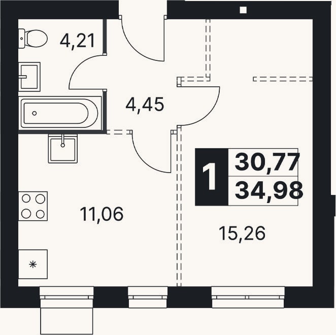 Планировка: 1-к, 35 м²