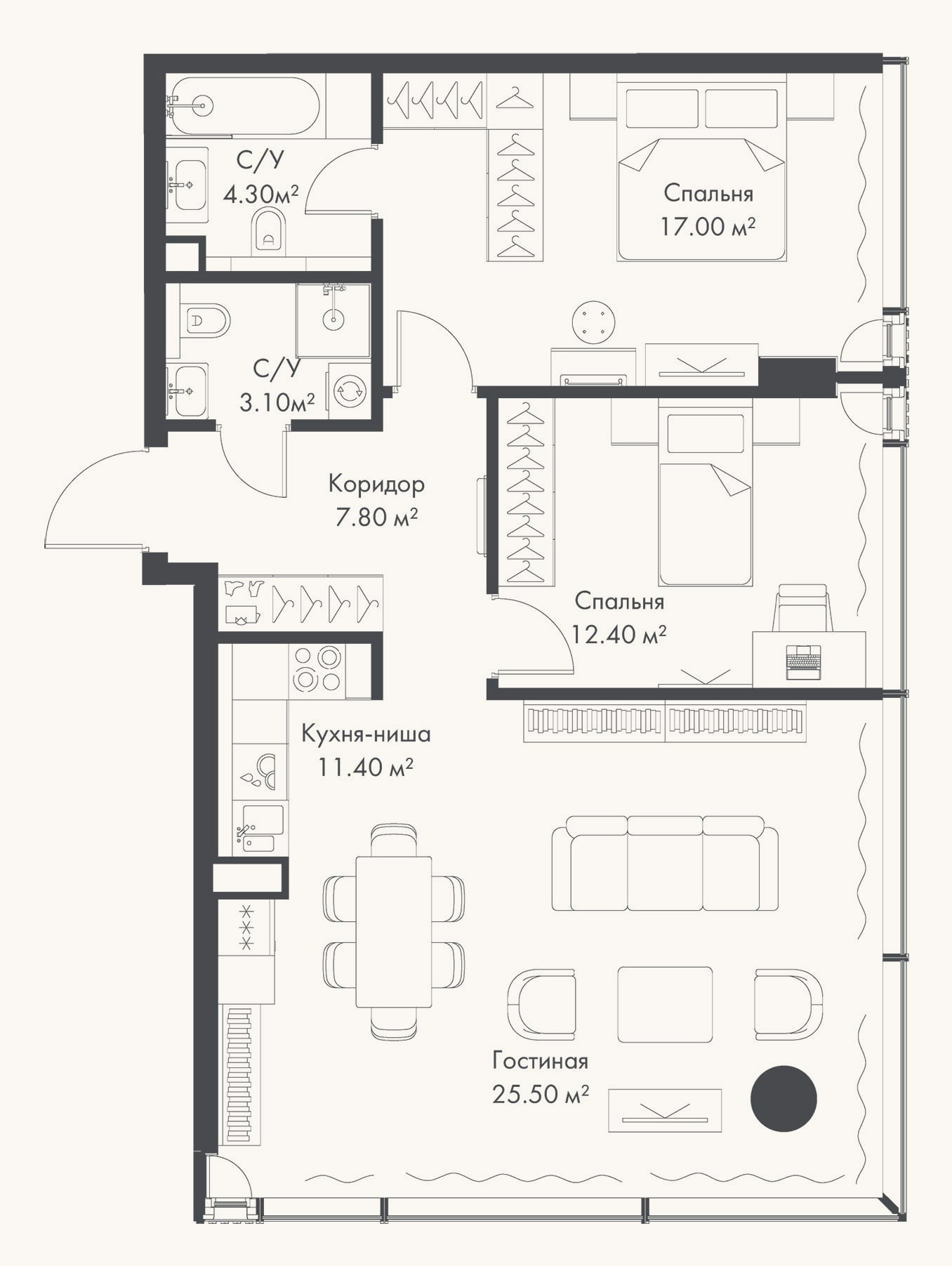 Планировка: 3-к, 81,5 м²