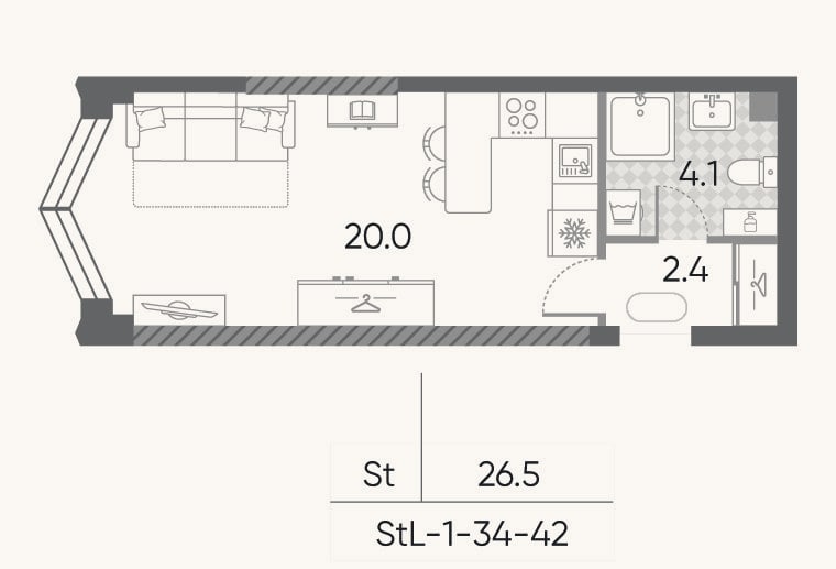 Планировка: Студия, 26,5 м²
