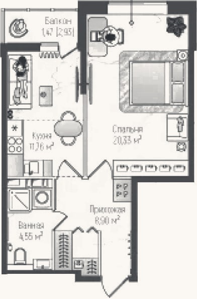 Планировка: 1-к, 45,5 м²