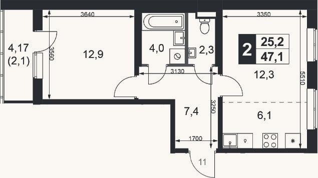 Планировка: 2-к, 45 м²