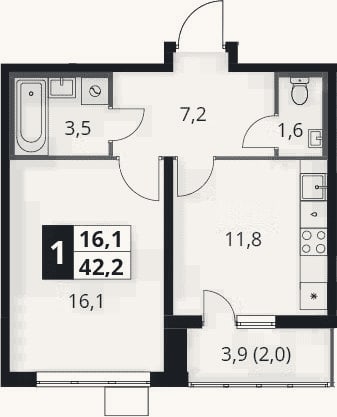Планировка: 1-к, 40,2 м²