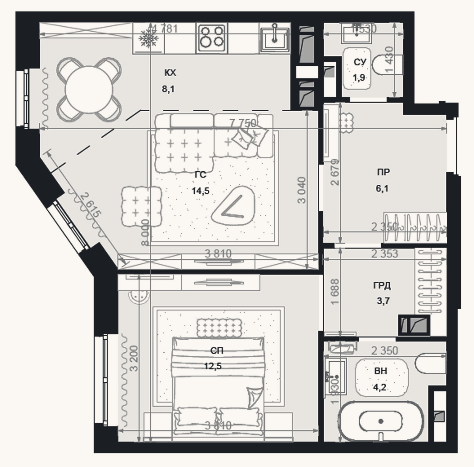 Планировка: 2-к, 51 м²