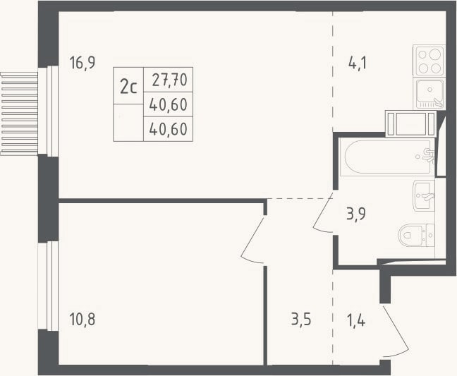 Планировка: 2-к, 40,6 м²