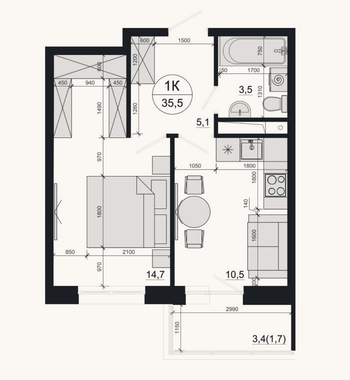 Планировка: 1-к, 33,8 м²