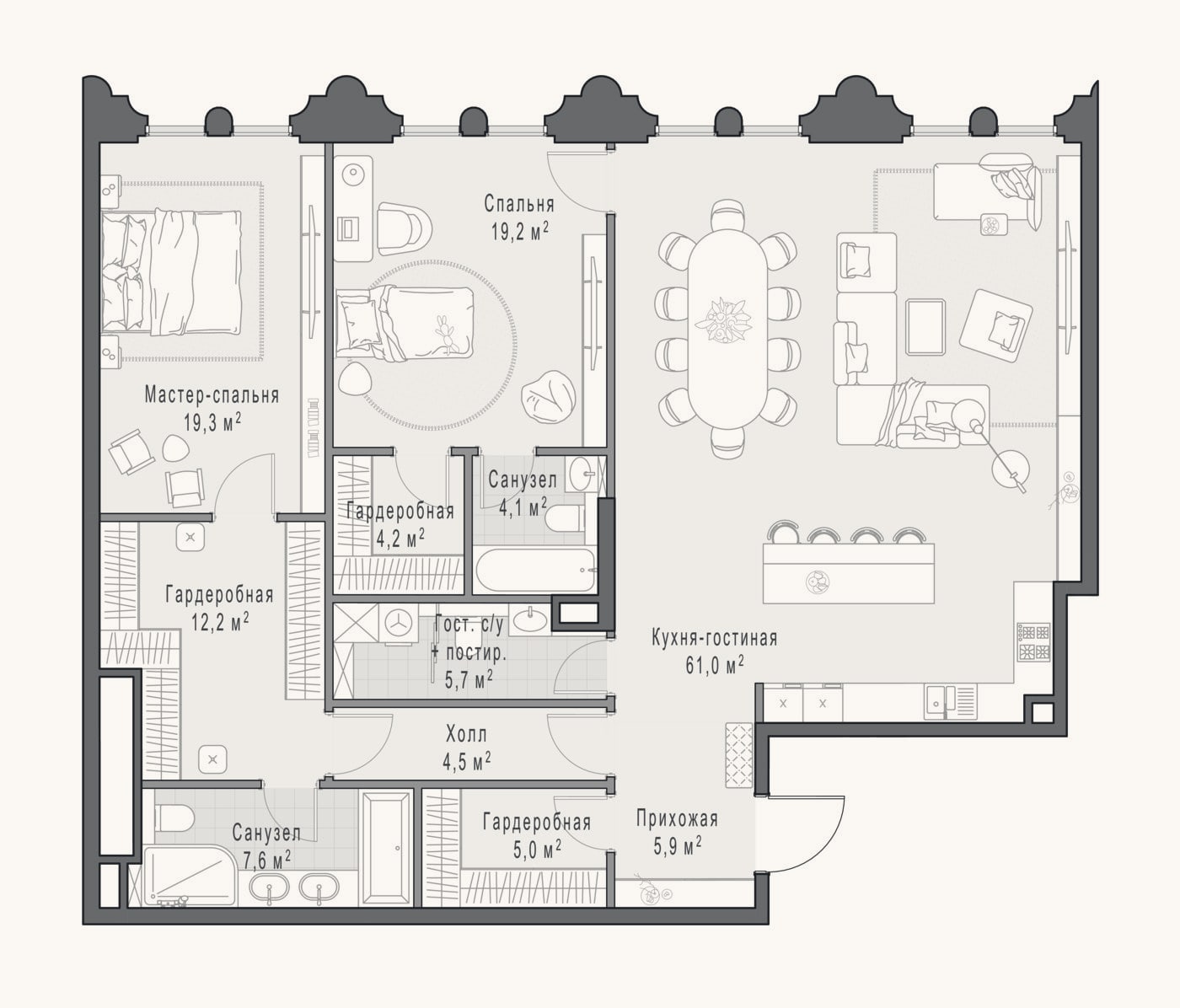 Планировка: 3-к, 148,7 м²