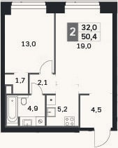Планировка: 2-к, 50,4 м²