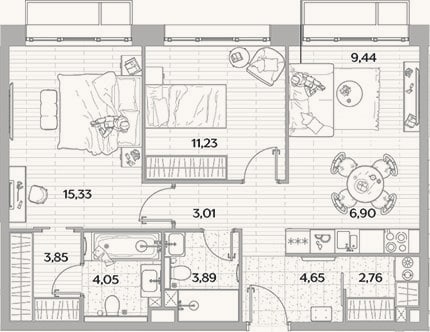 Планировка: 3-к, 65,1 м²