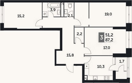 Планировка: 3-к, 85,5 м²
