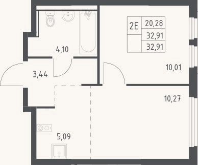 Планировка: 2-к, 32,9 м²