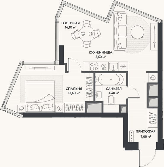 Планировка: 2-к, 46,4 м²