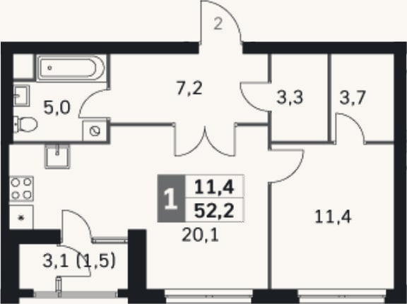 Планировка: 2-к, 48,7 м²