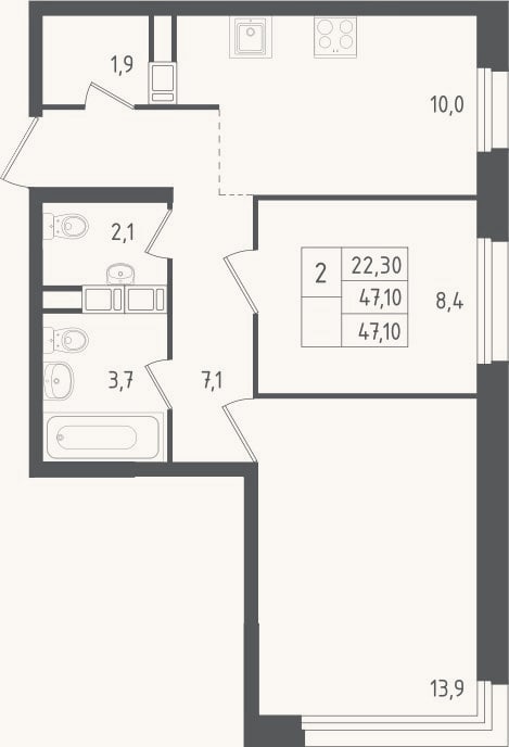 Планировка: 2-к, 47,1 м²