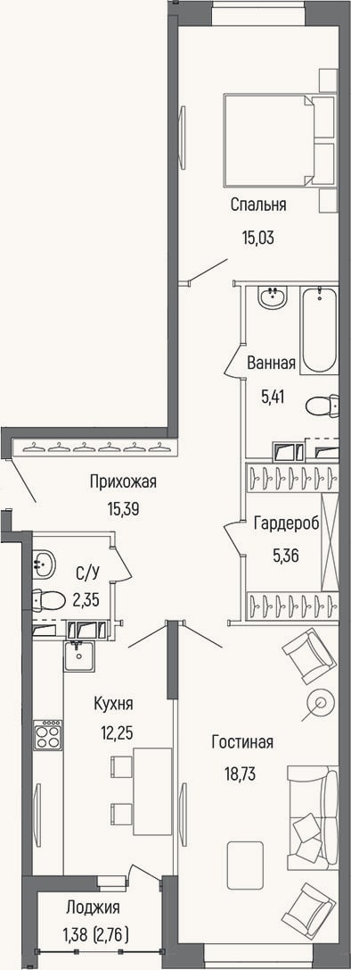 Планировка: 2-к, 74,5 м²