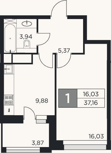 Планировка: 1-к, 35,2 м²