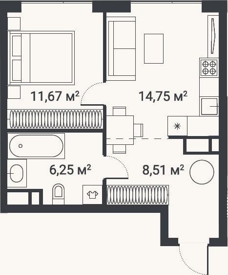 Планировка: 1-к, 41,2 м²