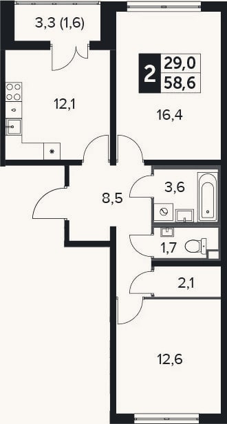 Планировка: 2-к, 58 м²