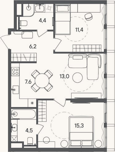 Планировка: 3-к, 62,4 м²