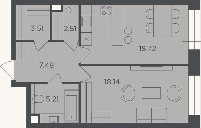 Планировка: 1-к, 55,6 м²