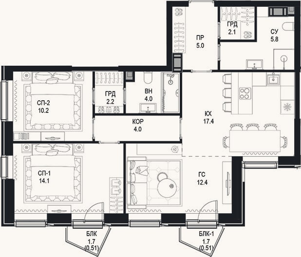 Планировка: 3-к, 77,2 м²