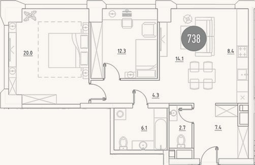 Планировка: 3-к, 75,3 м²