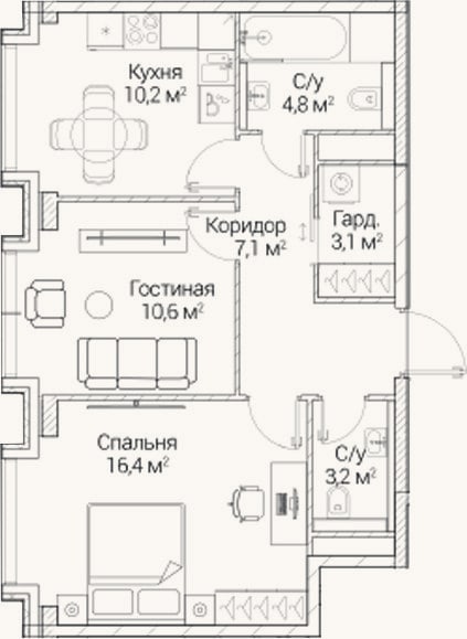 Планировка: 2-к, 55,4 м²