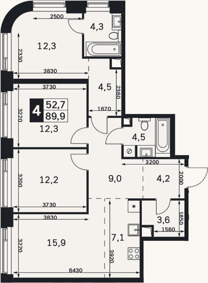 Планировка: 4+ к, 89,9 м²