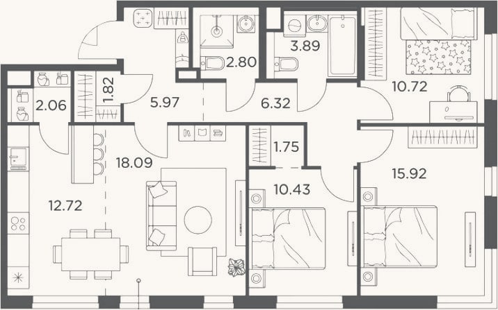 Планировка: 4+ к, 92,5 м²